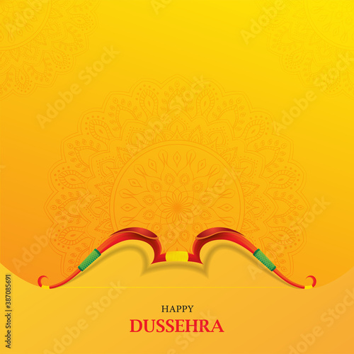 Happy Dussehra Indian Festival card with bow on Orange Background with Mandala.