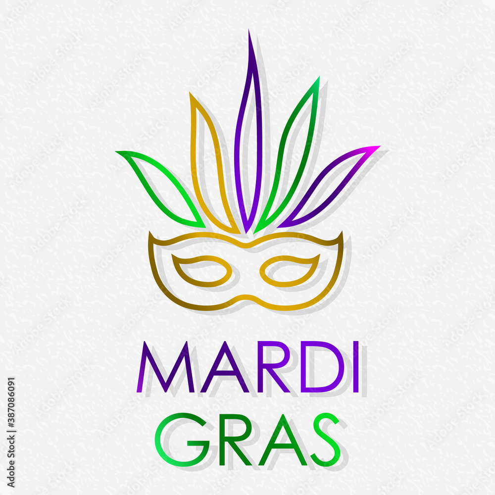 Obraz premium Carnival mask with gold, green, yellow and violet colors with lettering Mardi Gras. Isolated on white paper background. Vector illustration.