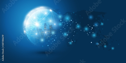 Futuristic Smart City  IoT and Cloud Computing Design Concept with Globe  World Map and Glowing Nodes - Digital Network Connections  Technology Background