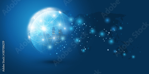 Futuristic Smart City, IoT and Cloud Computing Design Concept with Globe, World Map and Glowing Nodes - Digital Network Connections, Technology Background