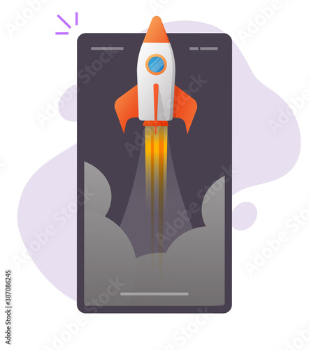 Rocket launch boost online app on mobile phone vector, smartphone digital fast quick growing internet start up, idea of new product release, project development high speed web startup