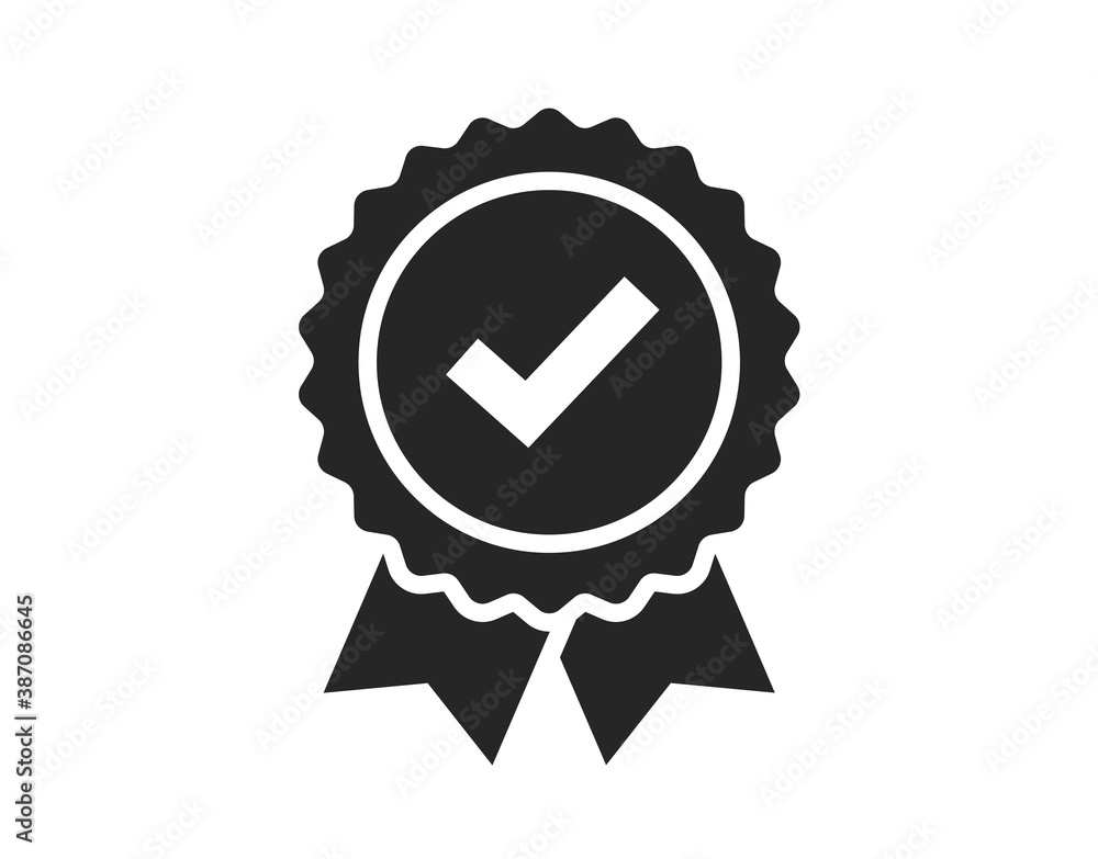 Rosette award medal icon vector with ribbon and check mark tick label black and white, concept of premium quality, recommended certificate, idea of guaranty or warranty badge with approved checkmark Rosette award medal icon vector with ribbon and check mark tick label black and white, concept of premium quality, recommended certificate, idea of guaranty or warranty badge with approved checkmark