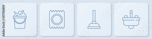 Set line Bucket with soap suds, Rubber plunger, Condom in package safe sex and Washbasin water tap. White square button. Vector.