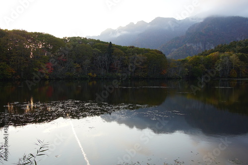 Fototapeta Naklejka Na Ścianę i Meble -  A pond that reflects trees and mountains like a mirror. At dusk. Beautiful scenery of Japan.