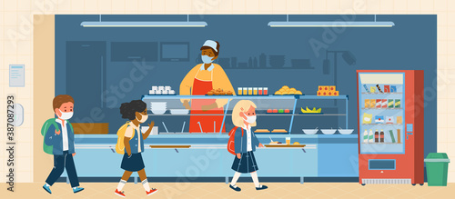 Vector School Canteen With Different Races Pupils In Protective Masks Standing In Line To Take. School Life During Covid-19 Pandemic. Flat Illustration.