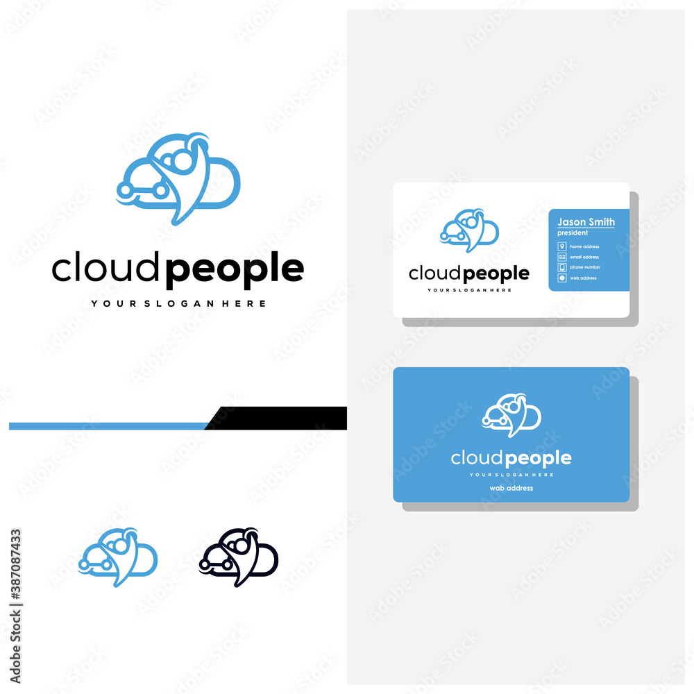 people cloud tech logo design and business card vector