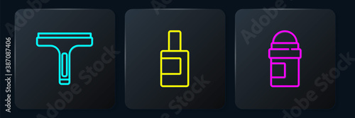 Set line Rubber cleaner, Antiperspirant deodorant roll and Bottle for cleaning agent. Black square button. Vector.