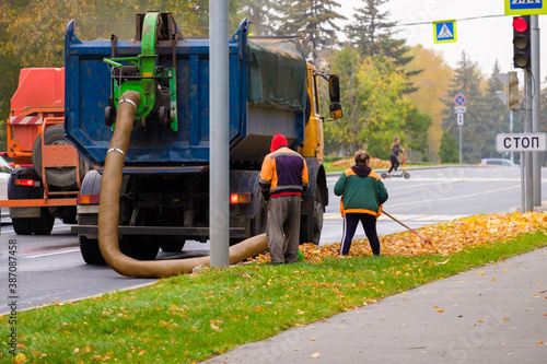 Utility workers remove yellow autumn leaves with an industrial vacuum cleaner. An industrial vacuum loader loads fallen leaves and debris into a truck hopper. City Park. Autumn day.