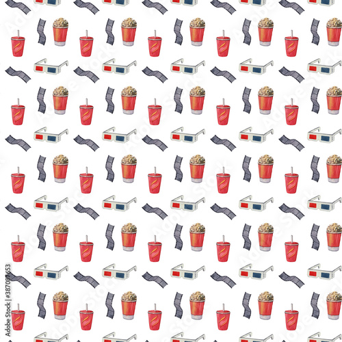 Watercolor pattern with 3d glasses  popcorn  cola  film strip. Seamless pattern on the theme of filming and cinema on a white background