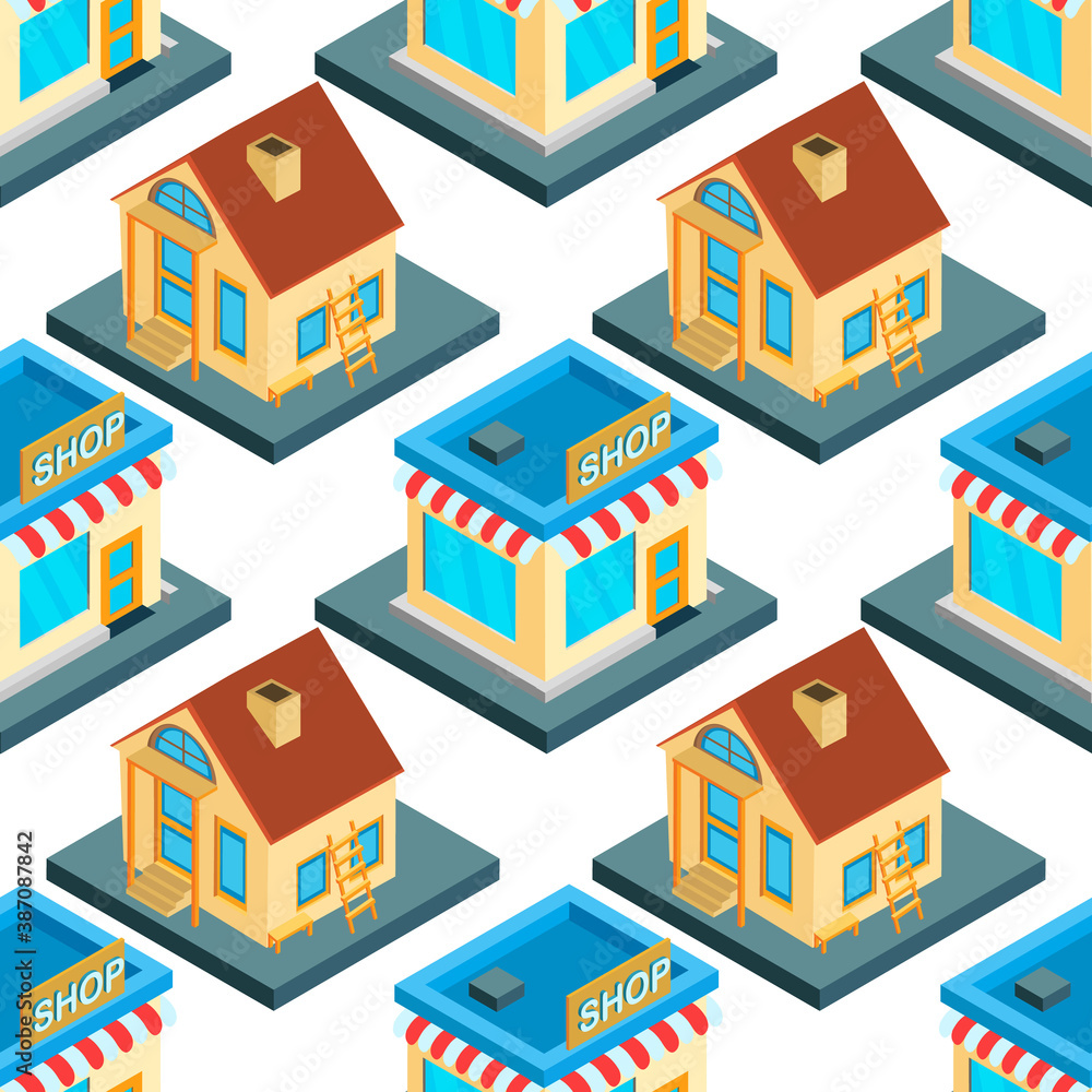 City isometric seamless pattern of the house, repetitive background City isometric seamless pattern of the house, repetitive background