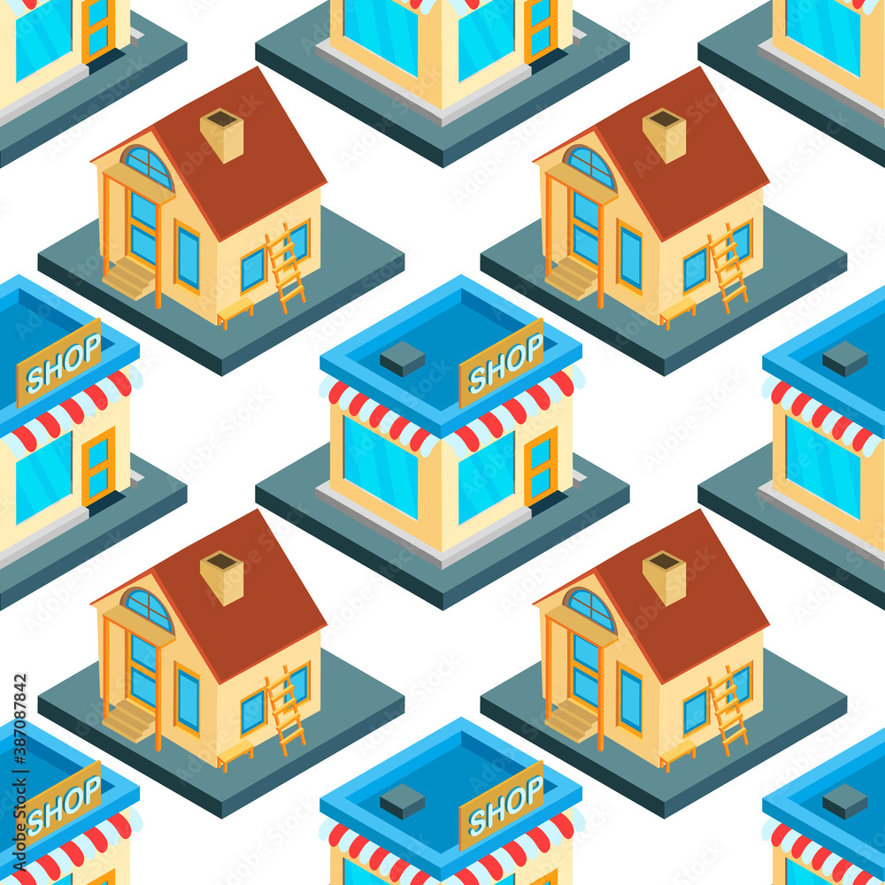 City isometric seamless pattern of the house, repetitive background