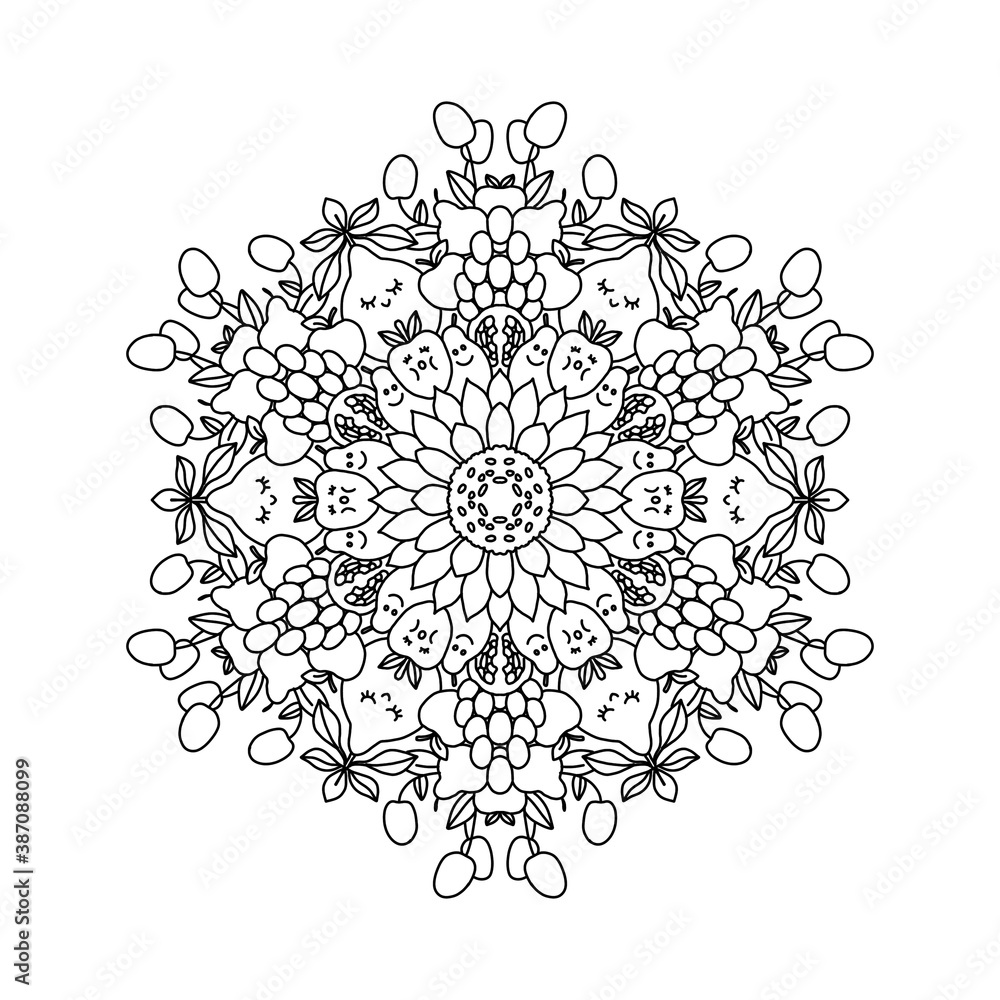 Black and white illustration of a fruit mandala. Coloring page with apples, cherries, pears, nuts, sunflower flower