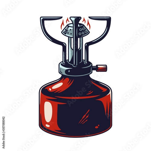 Element of a gas burner for camping and travel. Colored vector Illustration for traveler and tourist. Outdoor adventure equipment. Sport activity