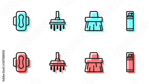 Set line Handle broom, Sanitary napkin, Shower head and Shaving gel foam icon. Vector.