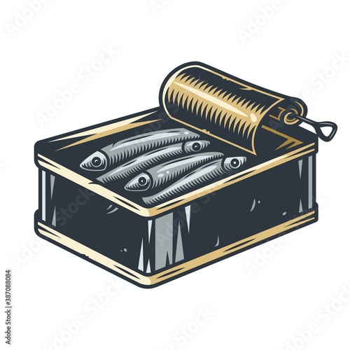 Element of a sprat or tuna fish in tin can for camping and travel. Colored vector Illustration for traveler and tourist. Outdoor adventure equipment