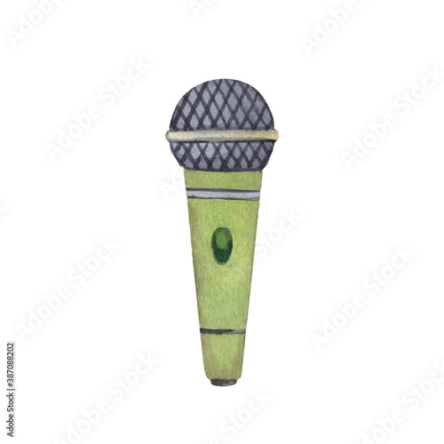 Watercolor illustration of a microphone on a white background. Illustration on the theme of music