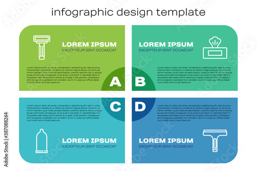 Set line Condom, Shaving razor, Rubber cleaner and Wet wipe pack. Business infographic template. Vector.