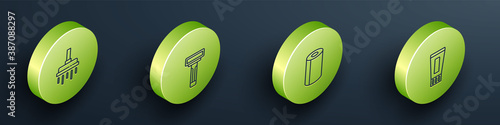 Set Isometric Shower head, Shaving razor, Paper towel roll and Tube of toothpaste icon. Vector.