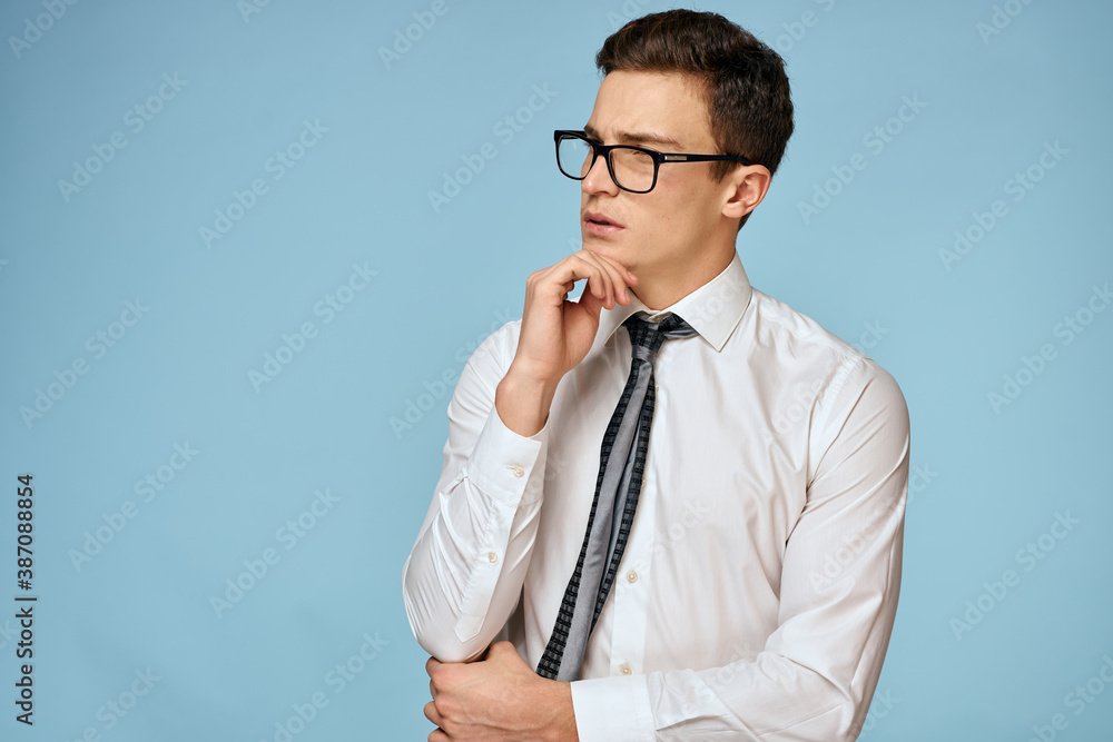 Business man white shirt tie glasses self-confidence official blue background Business man white shirt tie glasses self-confidence official blue background