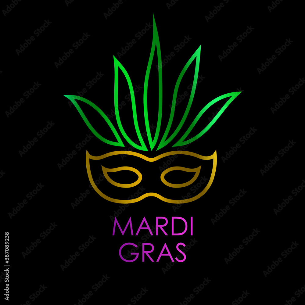 Obraz premium Carnival mask with gold, green, yellow and violet colors with lettering Mardi Gras. Isolated on black background. Vector illustration. 