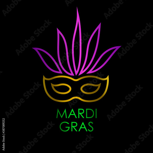 Carnival mask with gold, green, yellow and violet colors with lettering Mardi Gras. Isolated on black background. Vector illustration. 