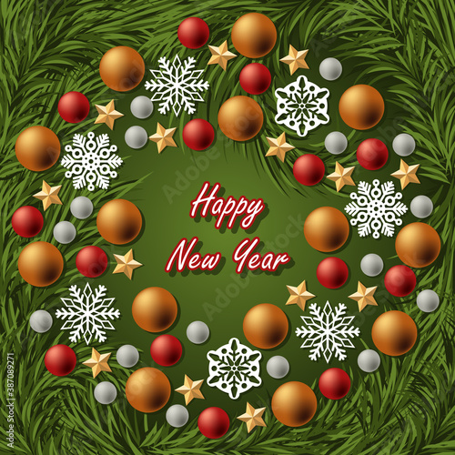 Greeting card for the new year with fir branches, Christmas balls, stars and snowflakes