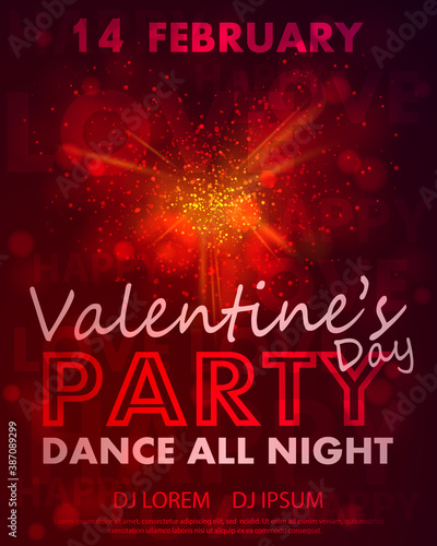 Poster for Valentines Day party, dance template with red  heart from burst, lights and lettering love, happy. Vector illustration for Holidays.