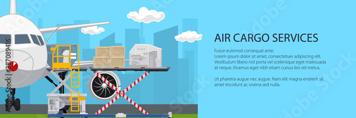 Transportation and air cargo services banner , airplane with autoloader on the background of the city , unloading or loading of goods at the airport , vector illustration