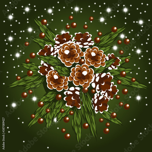 Greeting card for the new year with fir branches, fir cone and stars