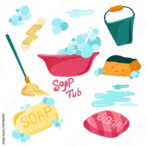 Cleaning equipment. Cleaning service concept with various cleaning tools. Flat vector doodle illustration. Temlpate for flyer clean up service