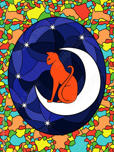 Stained glass with cat on the moon