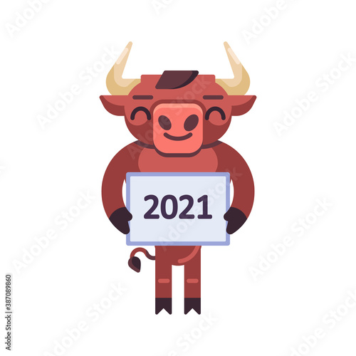 2021 New Year of the Ox flat icon, vector sign, Bull with 2021 new year colorful pictogram isolated on white. Symbol, logo illustration. Flat style design