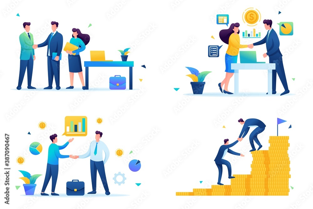 Set of web design on the topic of cooperation between companies, business. Flat 2D. vector illustration