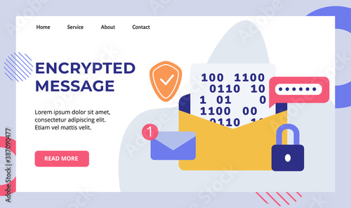 Encryption message password email number notification padlock shield campaign for web website home homepage landing page template banner white isolated background with flat style