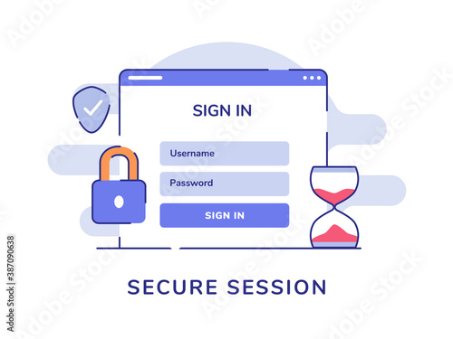 Secure session concept sign in user name password computer padlock shield white isolated background with flat style