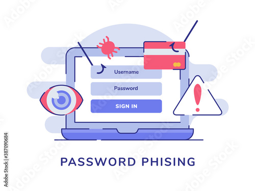 Password phising on display laptop screen white isolated background with flat style