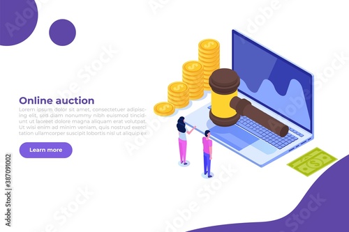 Online internet auction, International trade isometric concept. Vector illustration