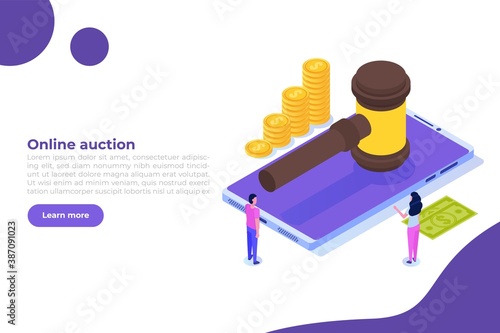 Online internet auction, International trade isometric concept. Vector illustration