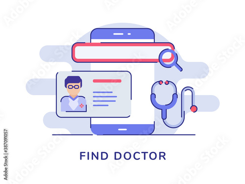 Find doctor concept magnifier doctor profile on smartphone white isolated background with flat style