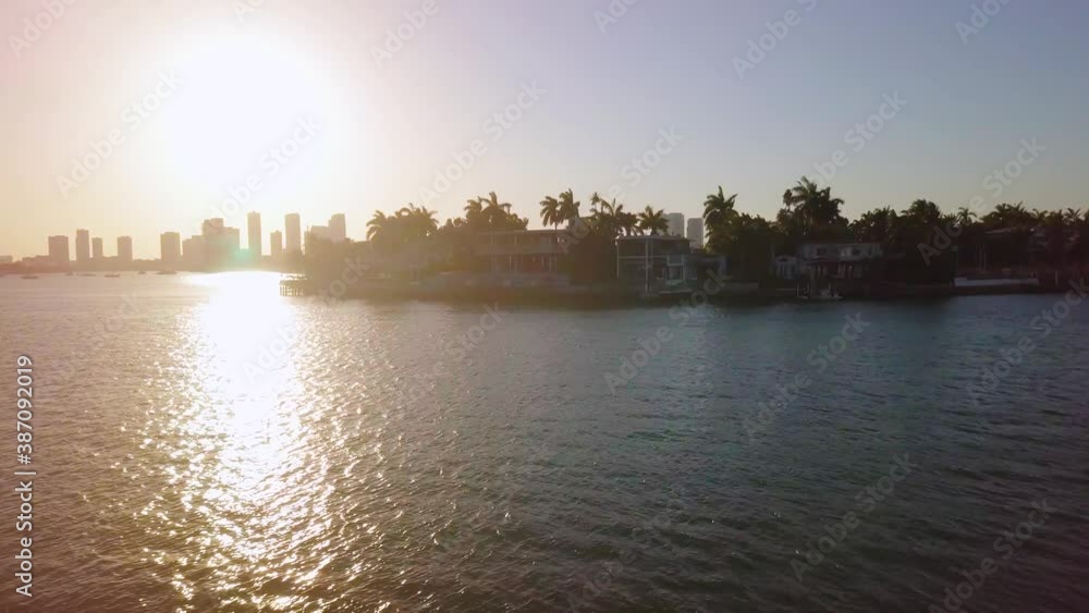 Aerial view over the Biscayne island, revealing San Marco isle and the Town Square Miami city, sunny morning, in the Venetian islands, Florida, USA - rising, drone shot Aerial view over the Biscayne island, revealing San Marco isle and the Town Square Miami city, sunny morning, in the Venetian islands, Florida, USA - rising, drone shot