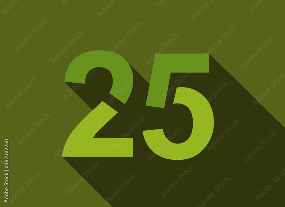 25 Number with long shadow, green colors cutting style. For logo, brand label, design elements, corporate identity, application & more. Vector editable illustration. 25 Number with long shadow, green colors cutting style. For logo, brand label, design elements, corporate identity, application & more. Vector editable illustration.