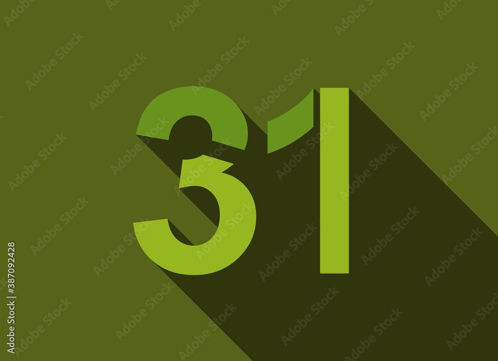 31 Number with long shadow, green colors cutting style. For logo, brand label, design elements, corporate identity, application & more. Vector editable illustration. 31 Number with long shadow, green colors cutting style. For logo, brand label, design elements, corporate identity, application & more. Vector editable illustration.
