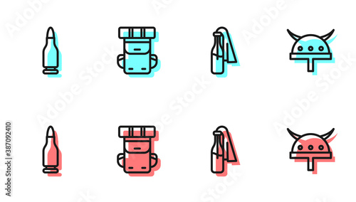 Set line Cocktail molotov, Bullet, Hiking backpack and Viking horned helmet icon. Vector.