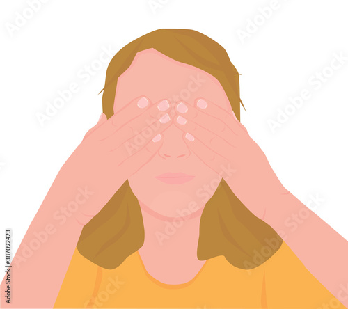 Vector illustration of young woman with closed eyes by her hands. Vector illustration isolated on white background.