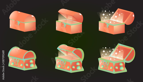Set of treasure space box chest opened and closed gui game elements fo 2d game ui. Vector illustration