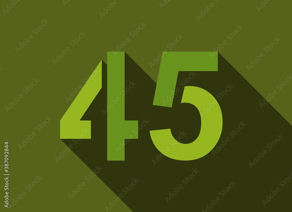 45 Number with long shadow, green colors cutting style. For logo, brand label, design elements, corporate identity, application & more. Vector editable illustration. 45 Number with long shadow, green colors cutting style. For logo, brand label, design elements, corporate identity, application & more. Vector editable illustration.