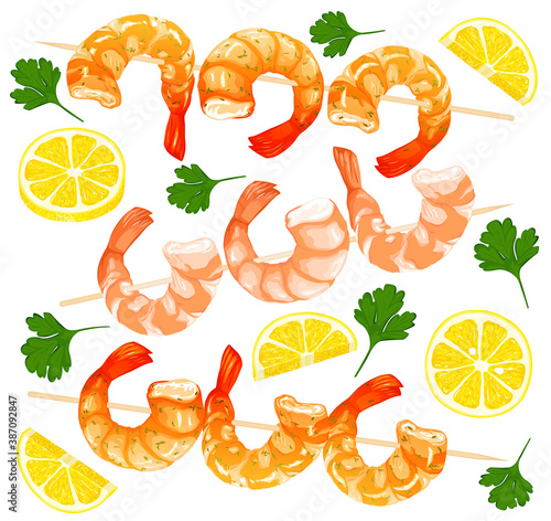Shrimps on skewers, shrimps without shell, shrimp meat. Boiled Shrimp drawing on a white background.