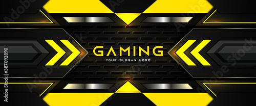 Futuristic yellow and black abstract gaming banner design template with metal technology concept. Vector graphic for business corporate promotion, game header social media, live streaming background