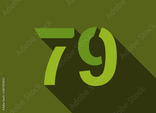 79 Number with long shadow, green colors cutting style. For logo, brand label, design elements, corporate identity, application & more. Vector editable illustration.