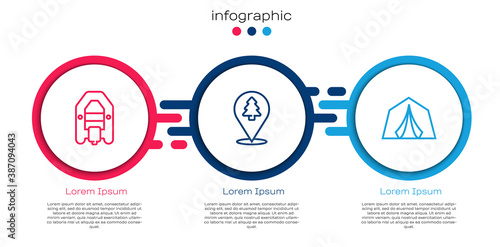 Set line Rafting boat, Location of the forest and Tourist tent. Business infographic template. Vector.